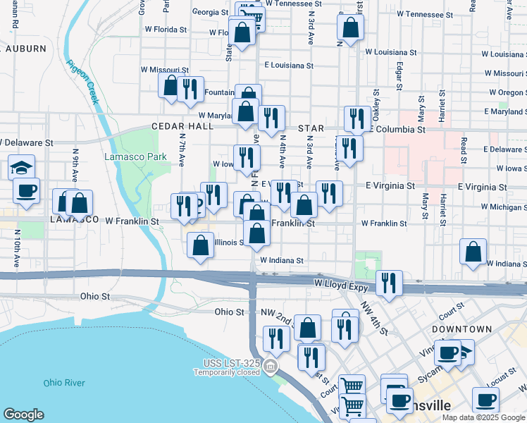 map of restaurants, bars, coffee shops, grocery stores, and more near 321 North Fulton Avenue in Evansville