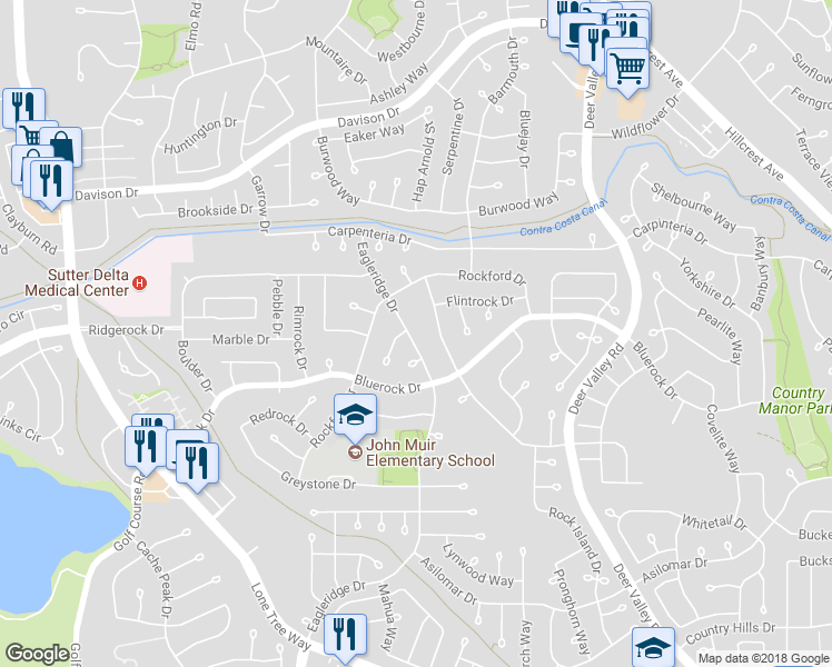 map of restaurants, bars, coffee shops, grocery stores, and more near 4025 Eagleridge Drive in Antioch