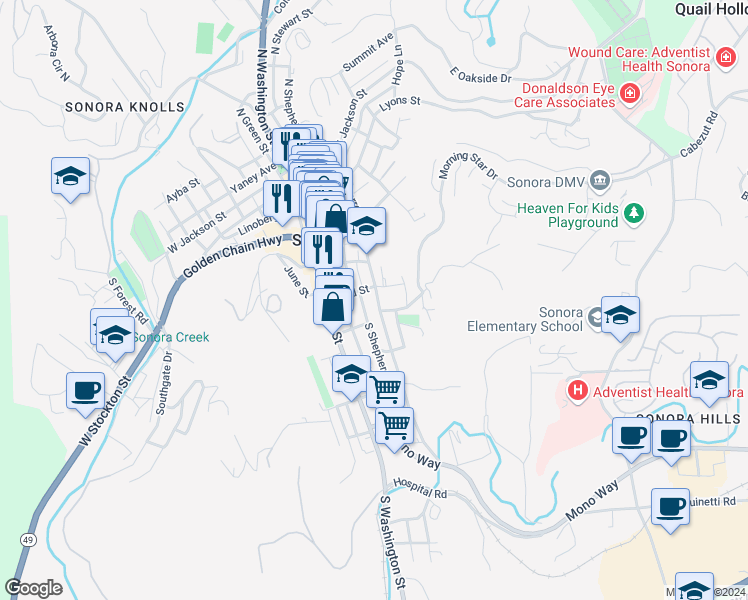 map of restaurants, bars, coffee shops, grocery stores, and more near 356 Barretta Street in Sonora