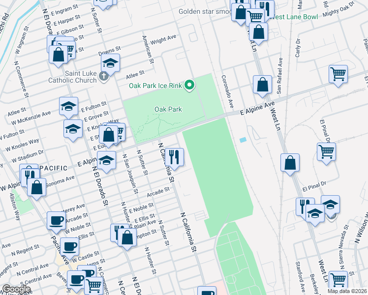 map of restaurants, bars, coffee shops, grocery stores, and more near 3218 American Street in Stockton