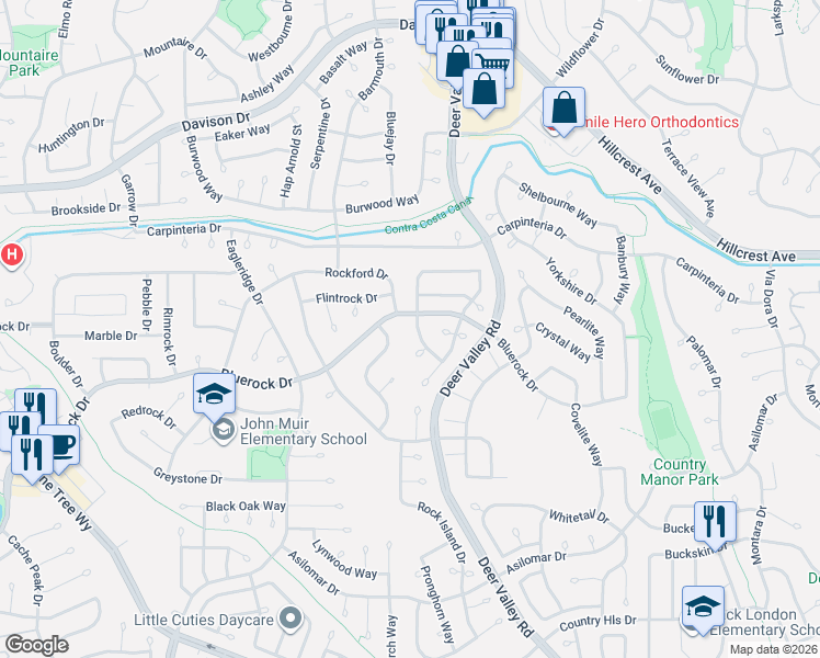 map of restaurants, bars, coffee shops, grocery stores, and more near 3801 Rockford Drive in Antioch