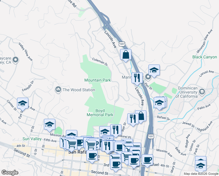 map of restaurants, bars, coffee shops, grocery stores, and more near 12 Graceland Drive in San Rafael