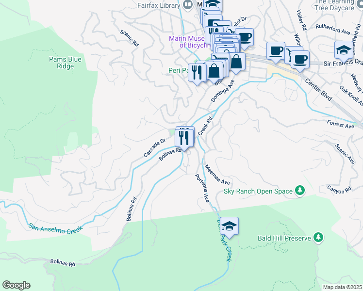 map of restaurants, bars, coffee shops, grocery stores, and more near 39 Cascade Drive in Fairfax