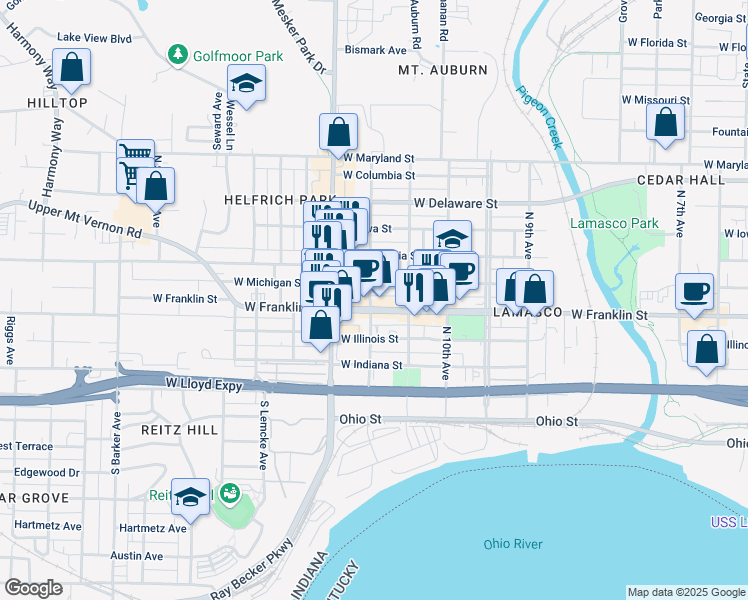 map of restaurants, bars, coffee shops, grocery stores, and more near 2227 West Michigan Street in Evansville