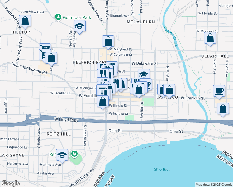 map of restaurants, bars, coffee shops, grocery stores, and more near 2227 West Michigan Street in Evansville