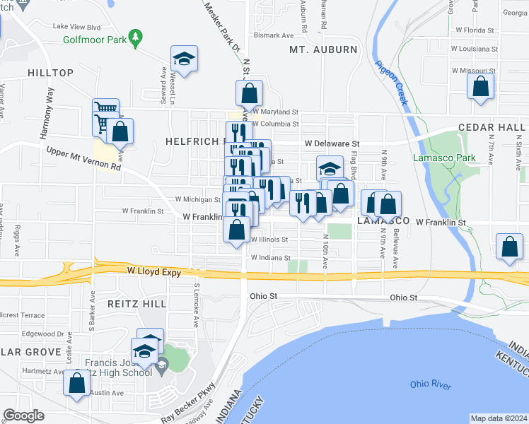 map of restaurants, bars, coffee shops, grocery stores, and more near 2321 West Michigan Street in Evansville