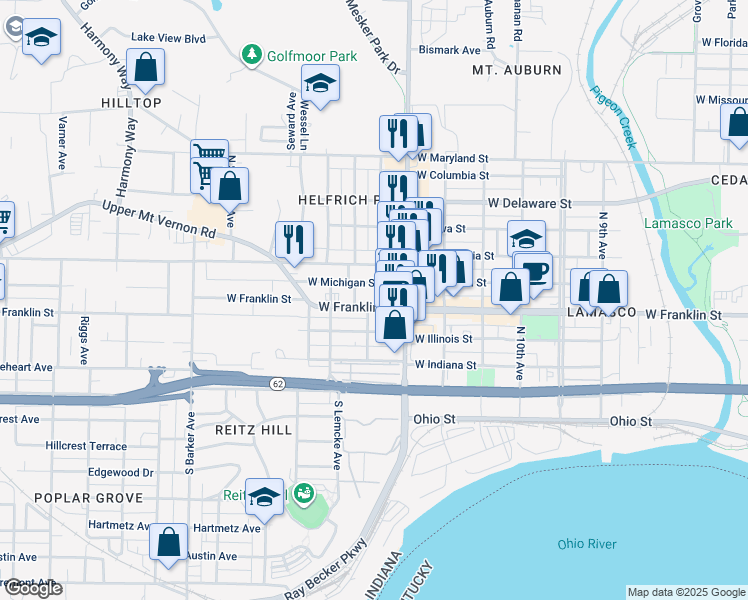map of restaurants, bars, coffee shops, grocery stores, and more near 319 Hess Avenue in Evansville