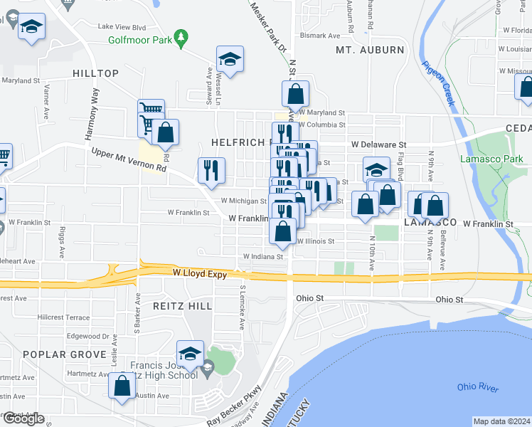 map of restaurants, bars, coffee shops, grocery stores, and more near 319 Hess Avenue in Evansville