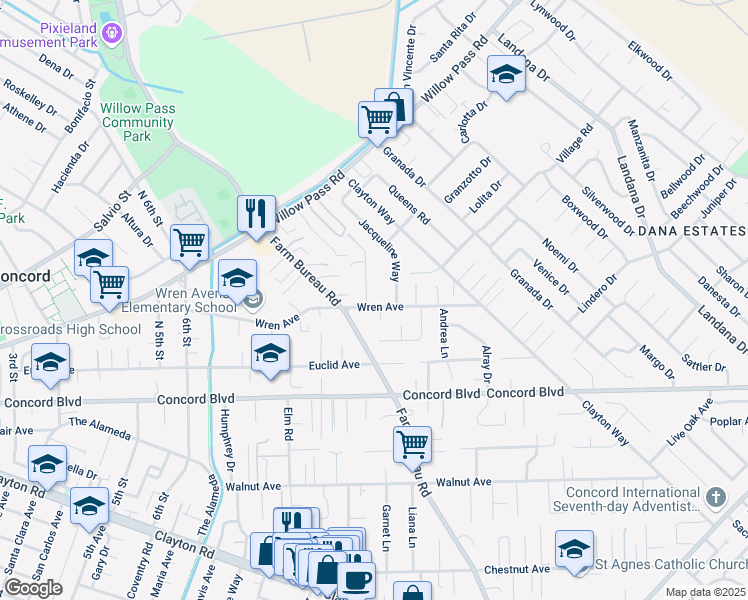 map of restaurants, bars, coffee shops, grocery stores, and more near 3539 Wren Avenue in Concord