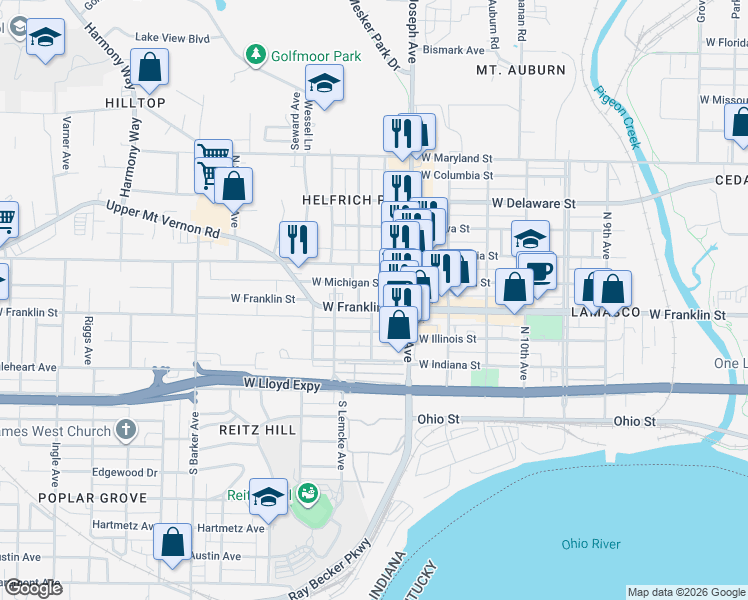 map of restaurants, bars, coffee shops, grocery stores, and more near 319 Hess Avenue in Evansville