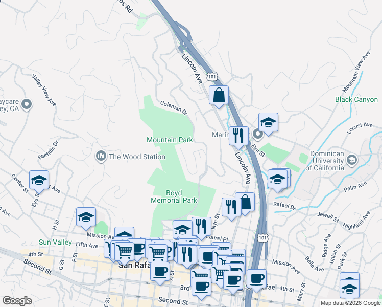 map of restaurants, bars, coffee shops, grocery stores, and more near 12 Graceland Drive in San Rafael