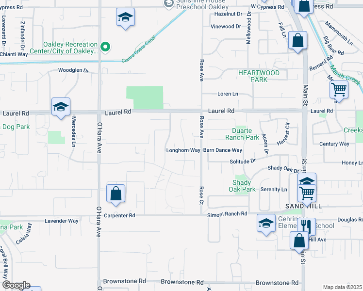 map of restaurants, bars, coffee shops, grocery stores, and more near 3807 Pato Lane in Oakley