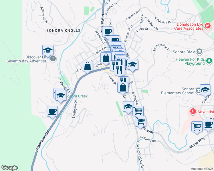 map of restaurants, bars, coffee shops, grocery stores, and more near 247 Knowles Hill Dr in Sonora