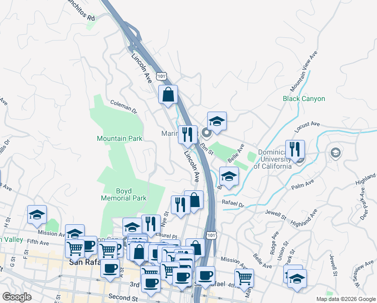 map of restaurants, bars, coffee shops, grocery stores, and more near 1492 Lincoln Avenue in San Rafael