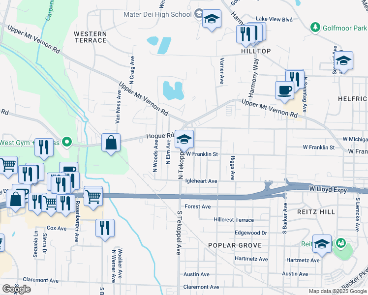 map of restaurants, bars, coffee shops, grocery stores, and more near 400 Wills Avenue in Evansville