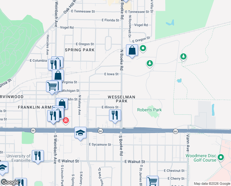 map of restaurants, bars, coffee shops, grocery stores, and more near 408 North Boeke Road in Evansville