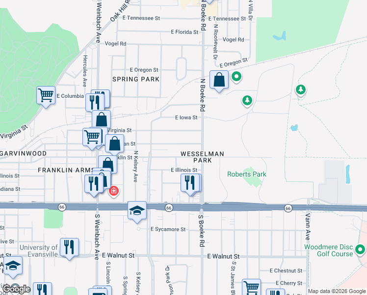 map of restaurants, bars, coffee shops, grocery stores, and more near 2304 East Michigan Street in Evansville