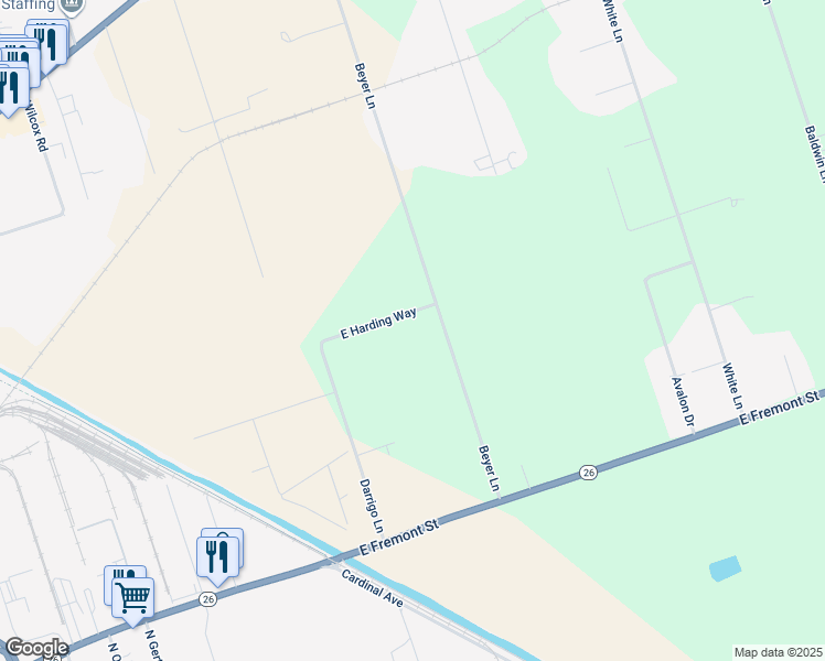 map of restaurants, bars, coffee shops, grocery stores, and more near 5451 East Harding Way in Stockton