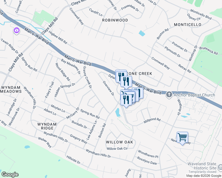 map of restaurants, bars, coffee shops, grocery stores, and more near 853 Overview Drive in Lexington