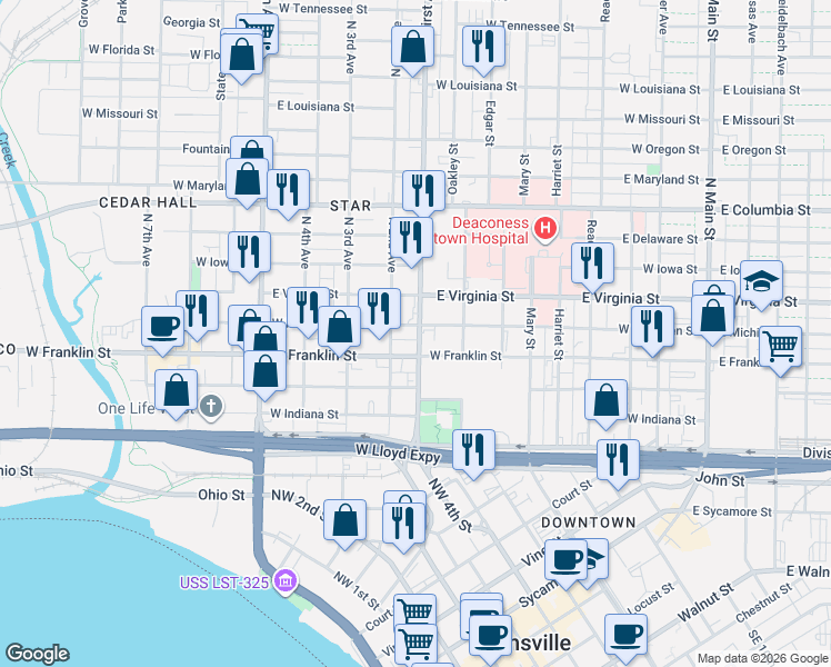 map of restaurants, bars, coffee shops, grocery stores, and more near 407 North First Avenue in Evansville
