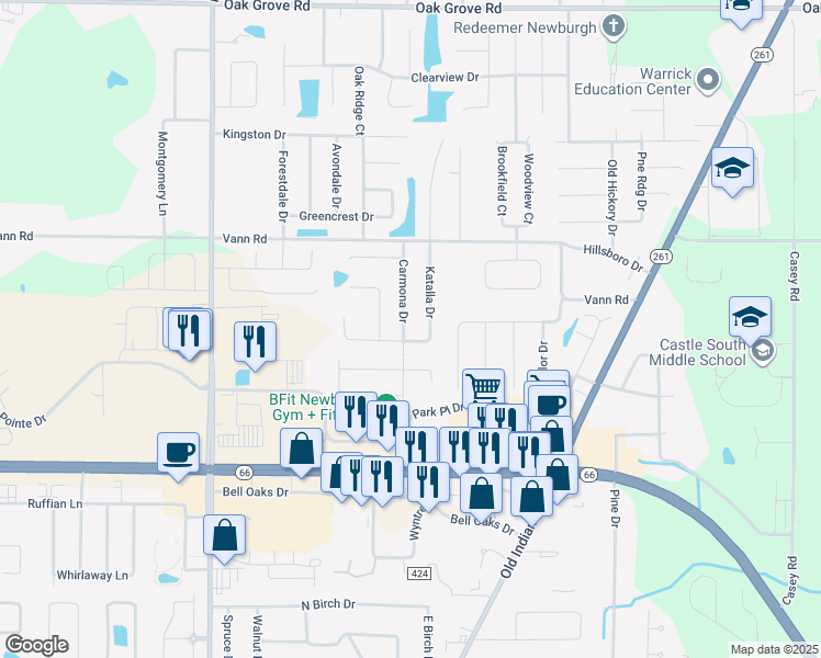 map of restaurants, bars, coffee shops, grocery stores, and more near 3800 Carmona Drive in Newburgh