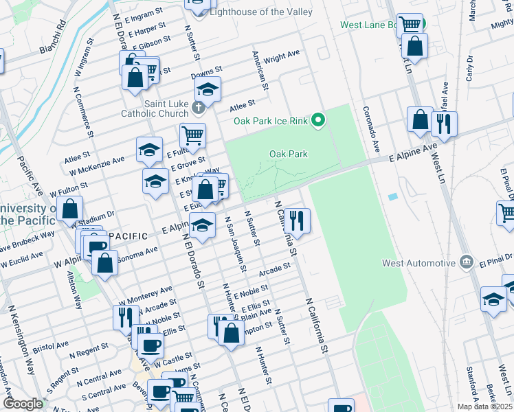 map of restaurants, bars, coffee shops, grocery stores, and more near 430 East Alpine Avenue in Stockton