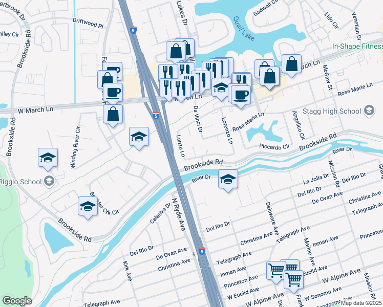 map of restaurants, bars, coffee shops, grocery stores, and more near 4328 Julius Court in Stockton
