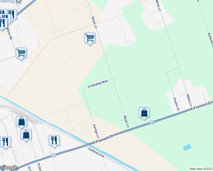 map of restaurants, bars, coffee shops, grocery stores, and more near 5451 East Harding Way in Stockton