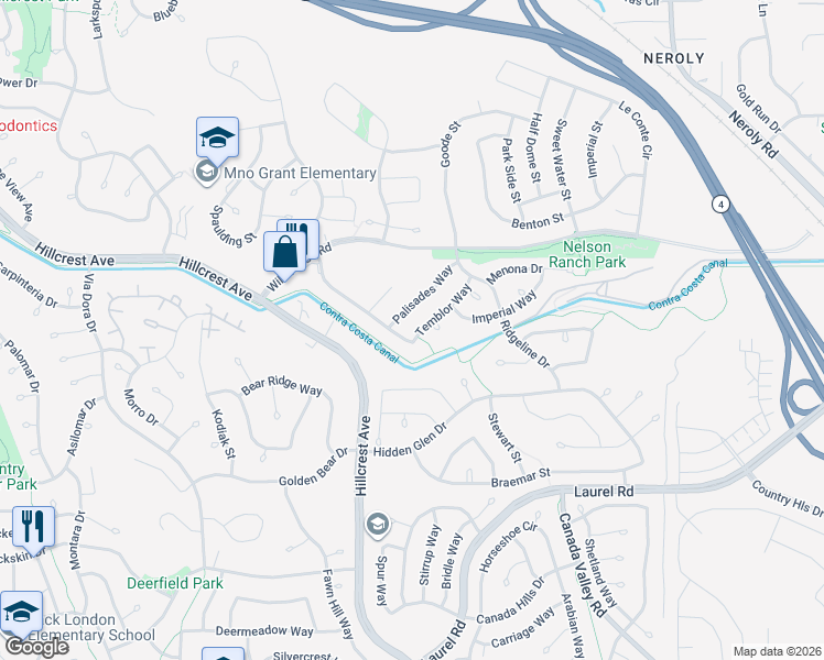 map of restaurants, bars, coffee shops, grocery stores, and more near 4414 Palisades Way in Antioch