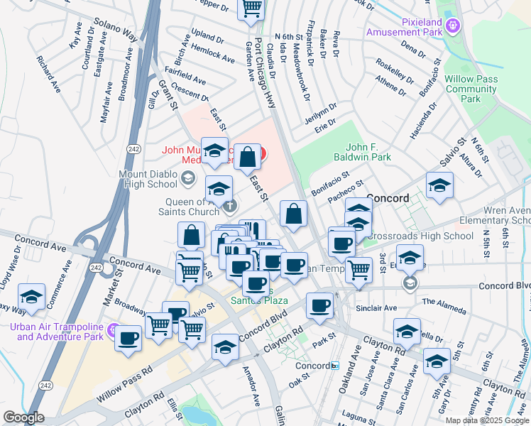 map of restaurants, bars, coffee shops, grocery stores, and more near 2343 Almond Avenue in Concord