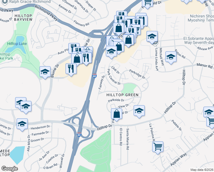 map of restaurants, bars, coffee shops, grocery stores, and more near 1249 Greenway Drive in Richmond