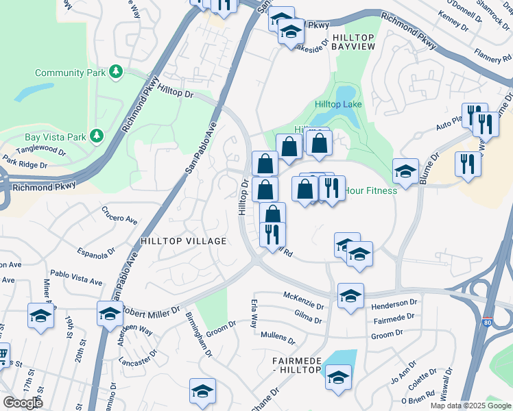 map of restaurants, bars, coffee shops, grocery stores, and more near 2816 Hilltop Mall Road in Richmond