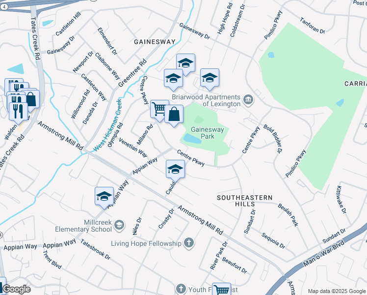 map of restaurants, bars, coffee shops, grocery stores, and more near 1205 Centre Parkway in Lexington