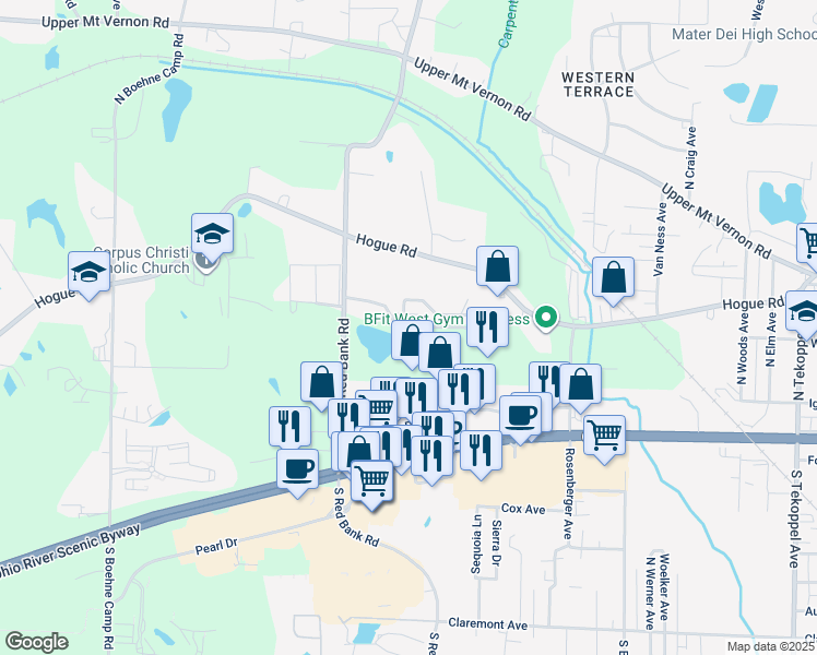 map of restaurants, bars, coffee shops, grocery stores, and more near 4613 Lakeside Drive in Evansville
