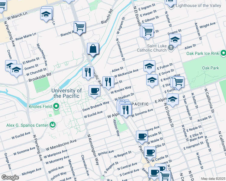 map of restaurants, bars, coffee shops, grocery stores, and more near 241 West Knoles Way in Stockton