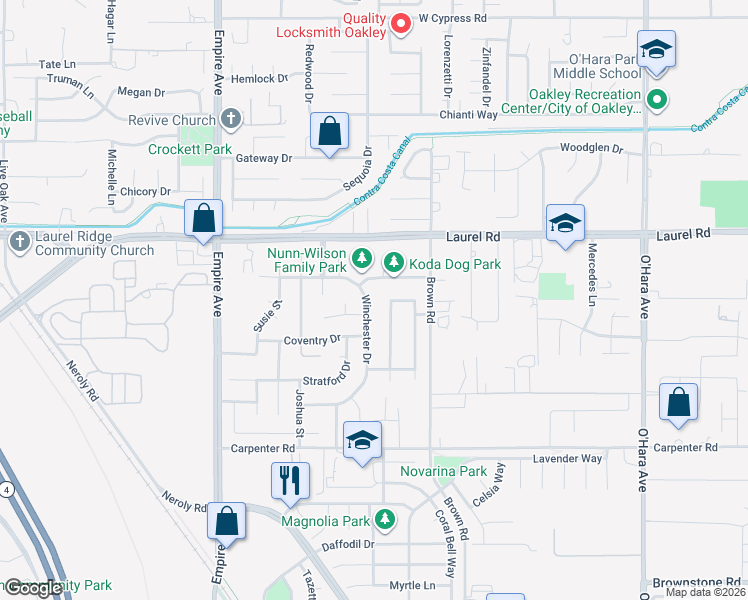 map of restaurants, bars, coffee shops, grocery stores, and more near 4944 Winchester Drive in Oakley