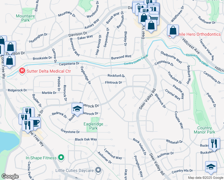 map of restaurants, bars, coffee shops, grocery stores, and more near 921 Clay Court in Antioch