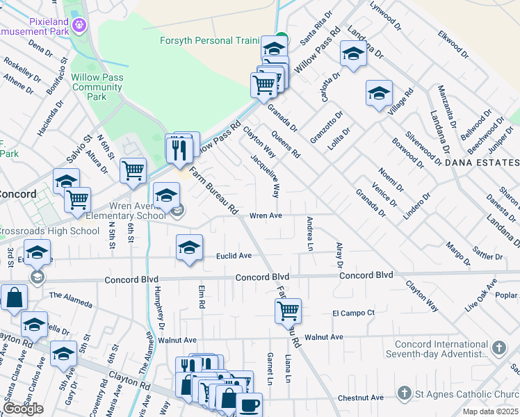 map of restaurants, bars, coffee shops, grocery stores, and more near 1820 Scott Road in Concord