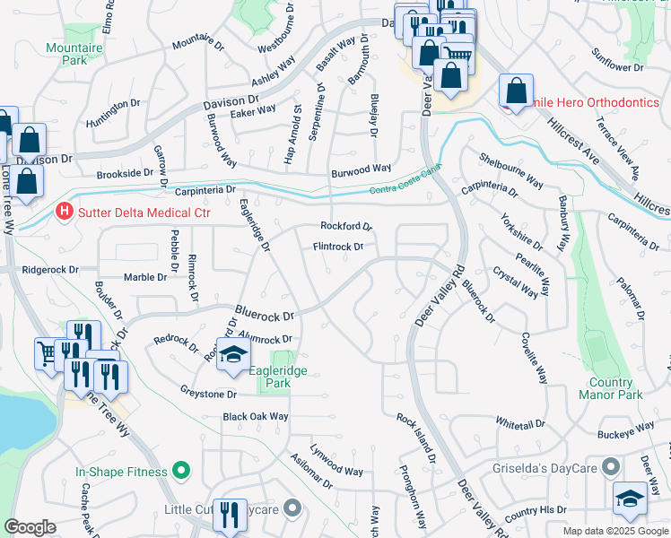 map of restaurants, bars, coffee shops, grocery stores, and more near 921 Clay Court in Antioch