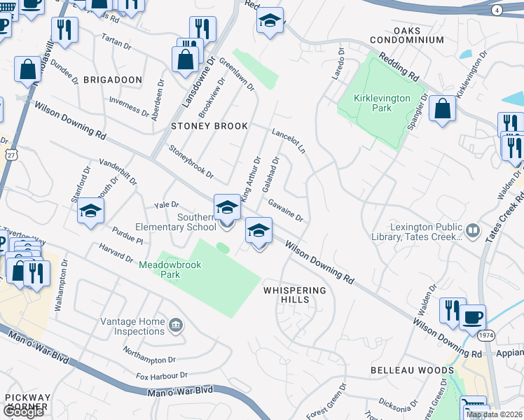 map of restaurants, bars, coffee shops, grocery stores, and more near 3568 Galahad Drive in Lexington