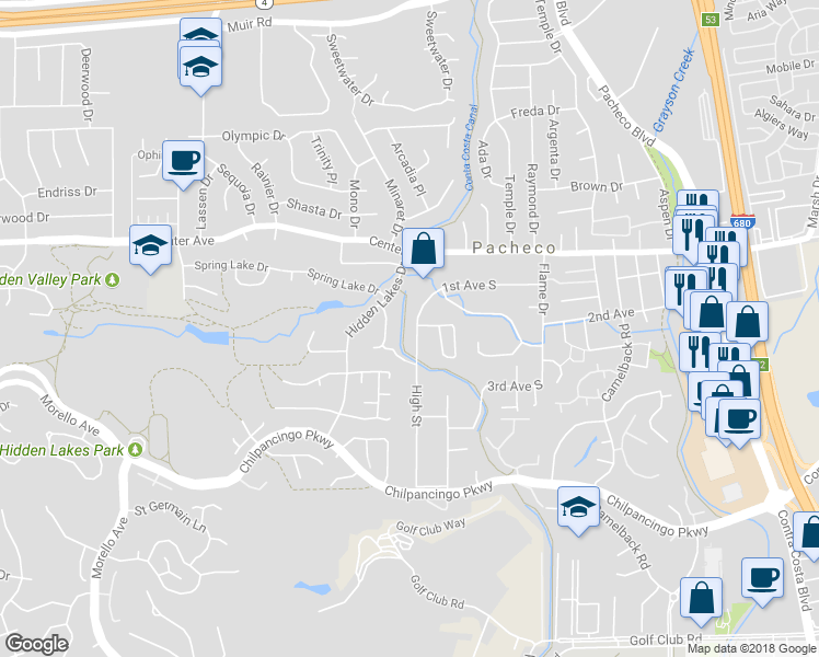 map of restaurants, bars, coffee shops, grocery stores, and more near 134 High Street in Pacheco