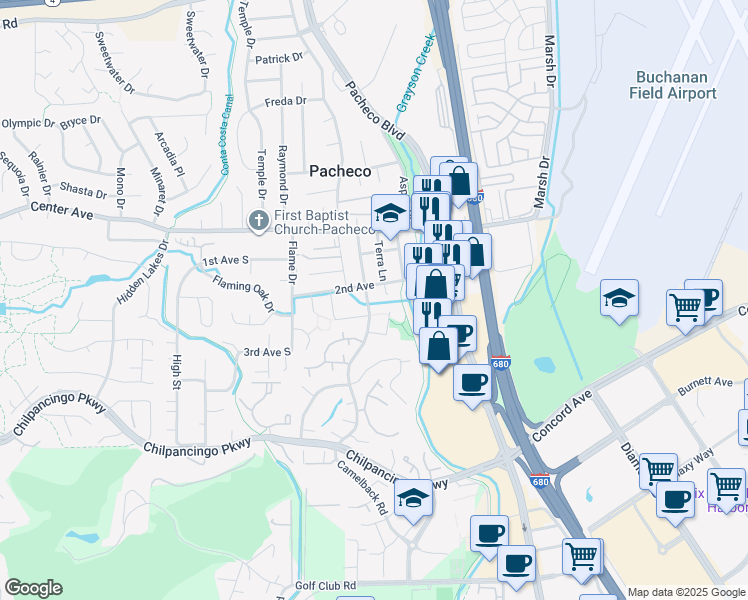 map of restaurants, bars, coffee shops, grocery stores, and more near 759 Camelback Road in Pleasant Hill