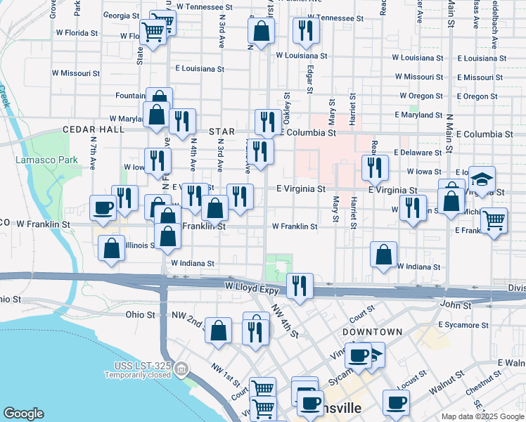 map of restaurants, bars, coffee shops, grocery stores, and more near 800 West Michigan Street in Evansville