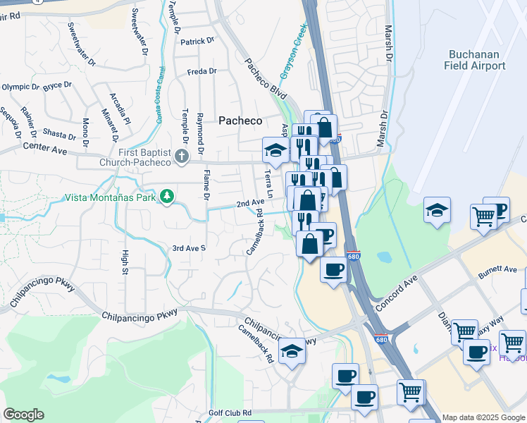 map of restaurants, bars, coffee shops, grocery stores, and more near 759 Camelback Road in Pleasant Hill