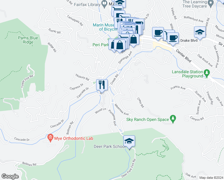 map of restaurants, bars, coffee shops, grocery stores, and more near 18 Meernaa Avenue in Fairfax