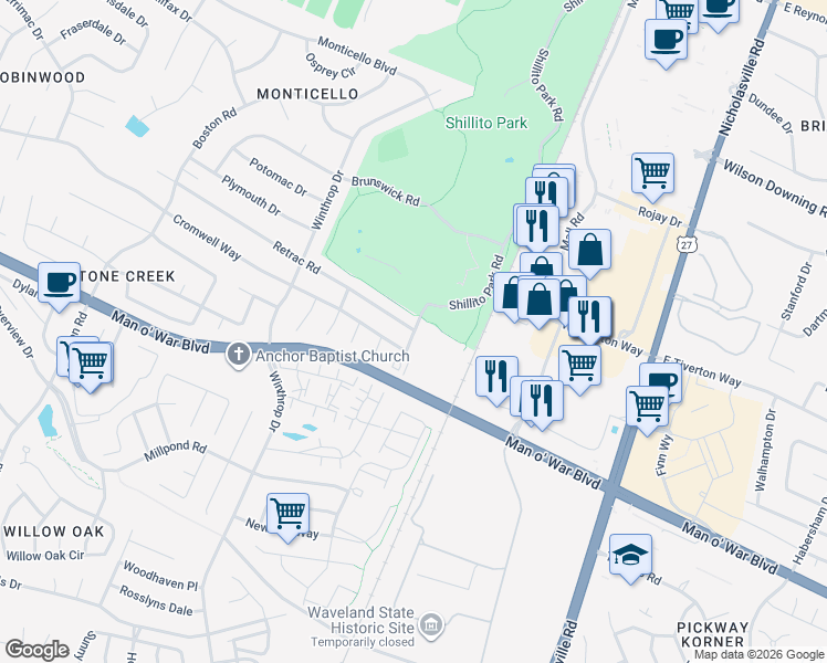 map of restaurants, bars, coffee shops, grocery stores, and more near Shillito Park Shared Use Trail in Lexington