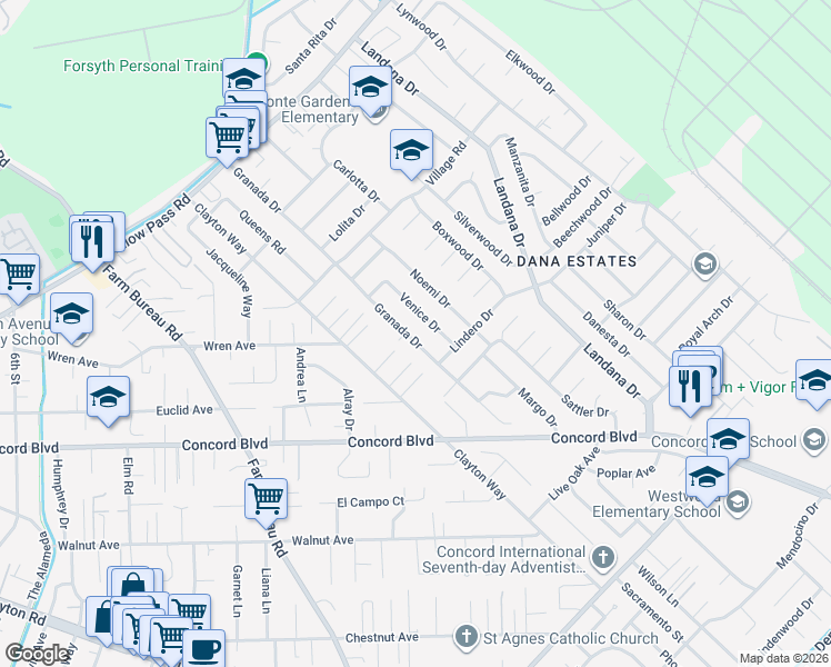 map of restaurants, bars, coffee shops, grocery stores, and more near 1818 Granada Drive in Concord