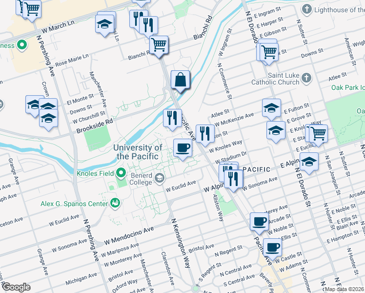 map of restaurants, bars, coffee shops, grocery stores, and more near 3601 Pacific Avenue in Stockton