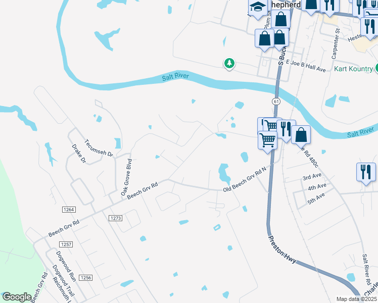 map of restaurants, bars, coffee shops, grocery stores, and more near 648 Oak Grove Boulevard in Shepherdsville