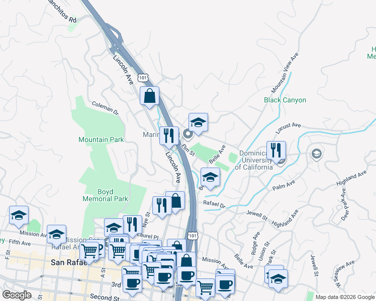 map of restaurants, bars, coffee shops, grocery stores, and more near Elm Street in San Rafael